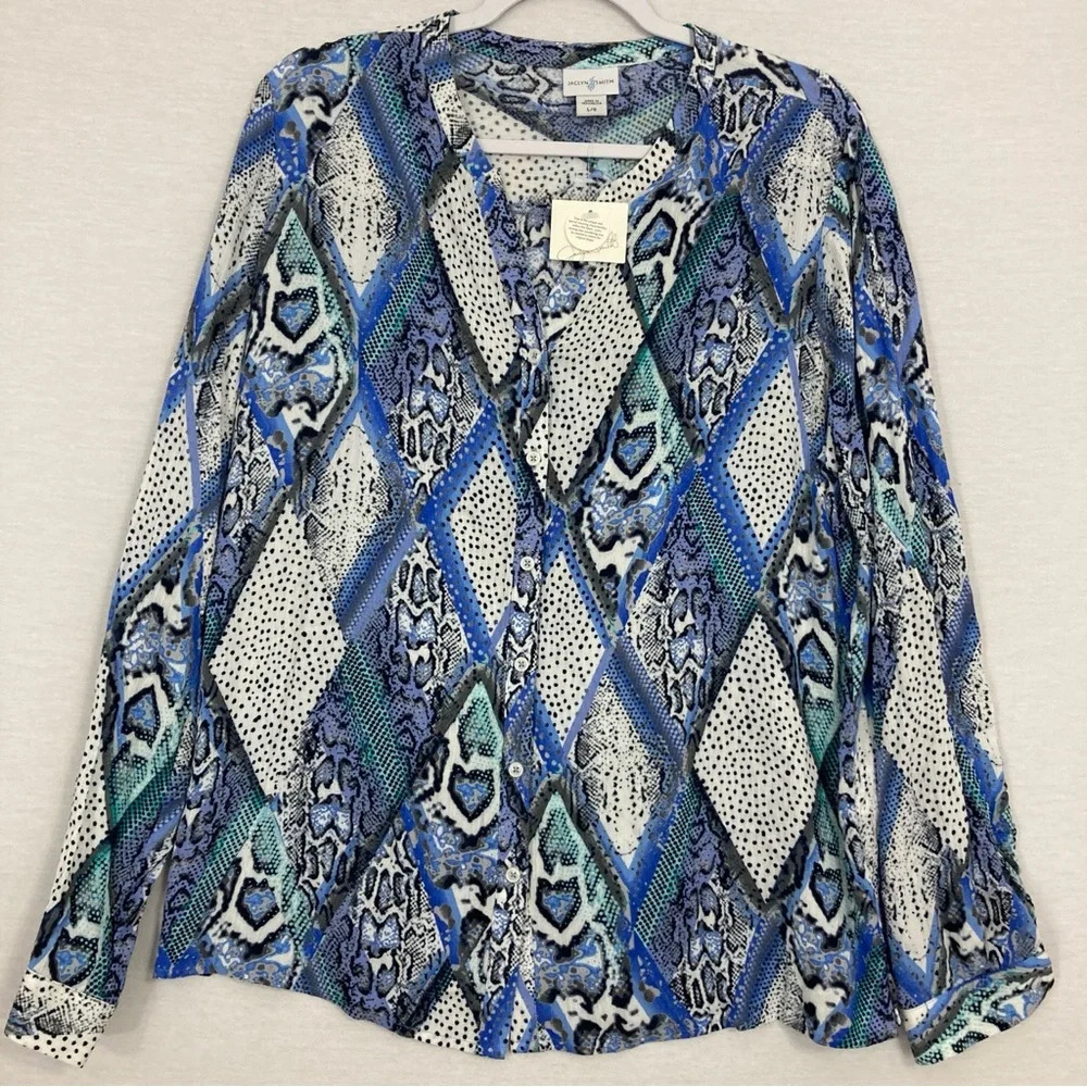 New Jaclyn Smith Blue Multi Geometric Print Soft Rayon Button Down Large
